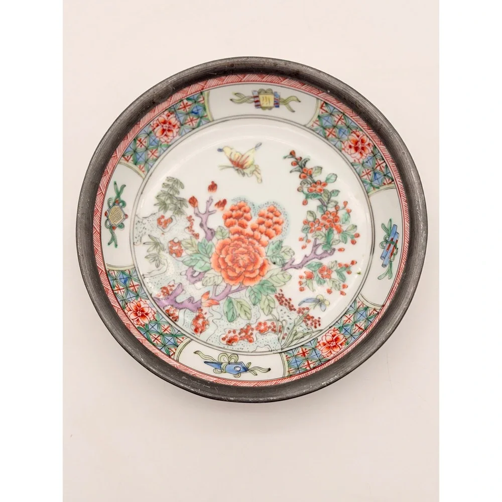 Neiman Marcus Japanese Porcelain Hand Decorated Hong Kong Pewter Encased Bowl